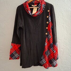 Sweater Cowl Neck Red Black Plaid Pullover Long Sleeve Women's Top  NWT